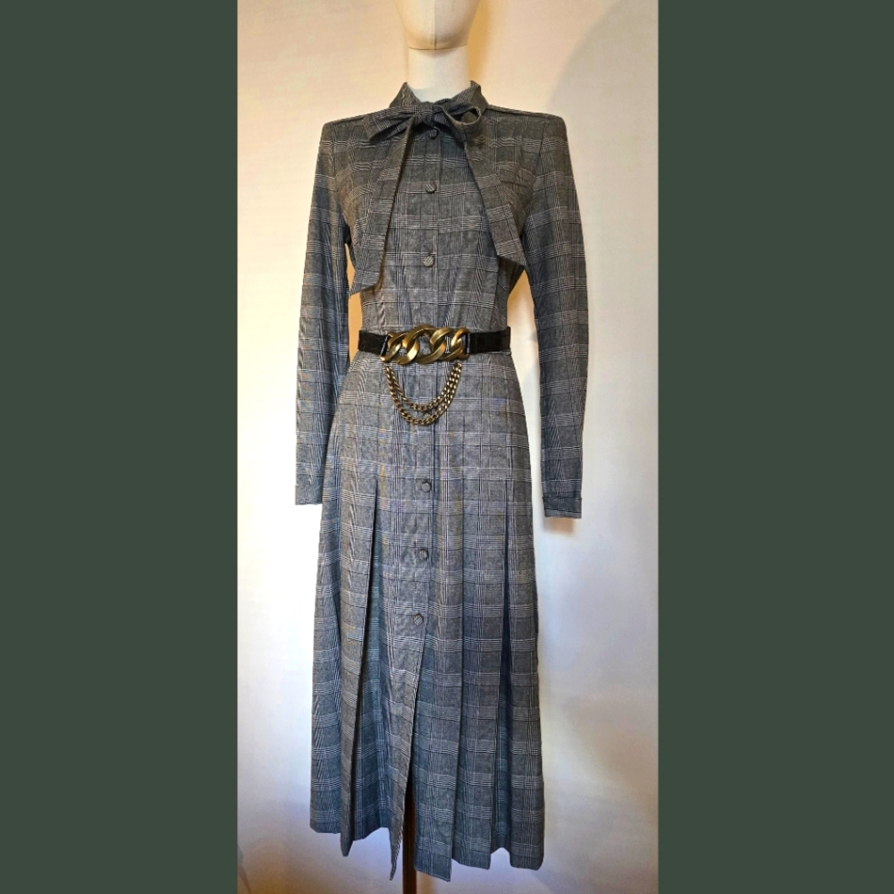 Zara Gray Plaid Midi Dress with Neck Tie